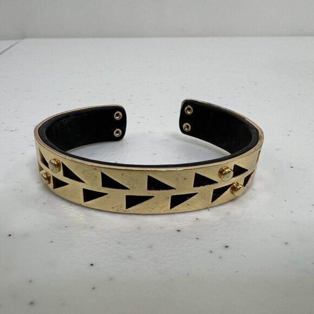 Stella & Dot Addison Cuff Bracelet Leather Gold Tone‎ Geometric Boho Black